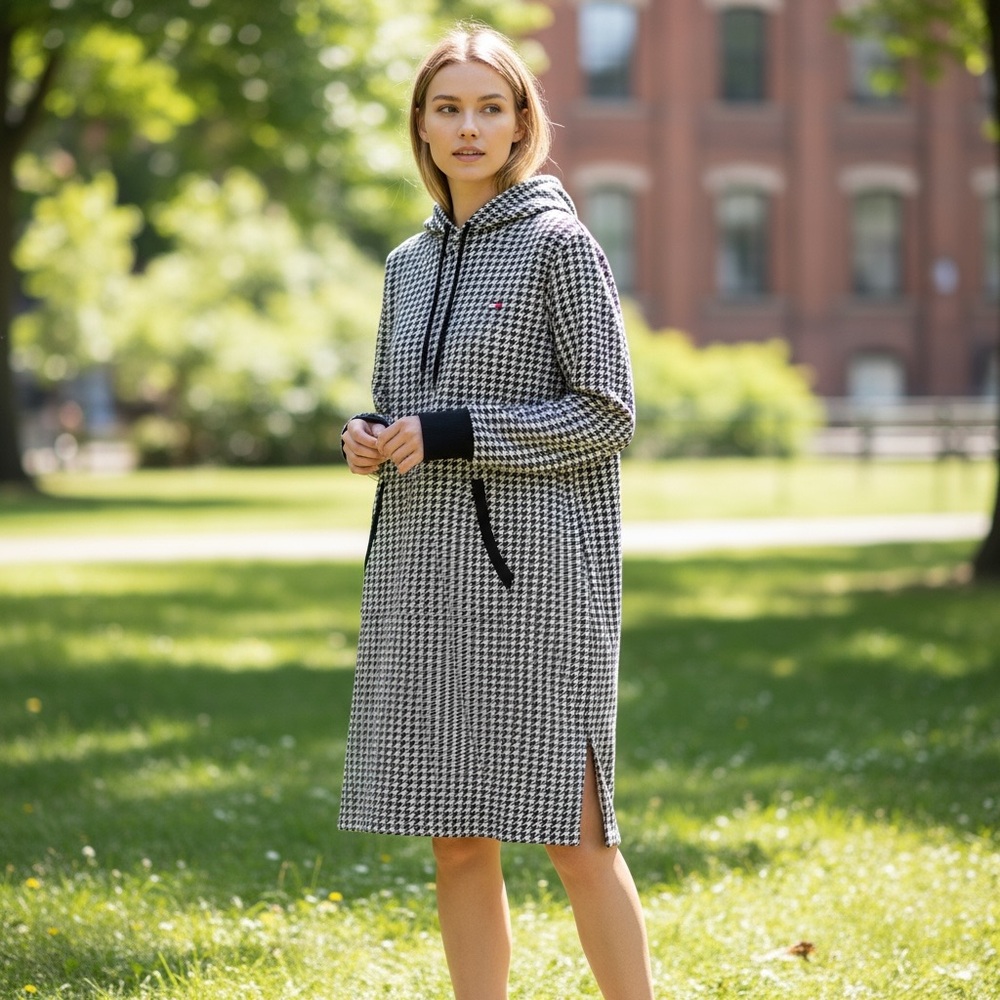 Tommy Hilfiger Women's Black and White Houndstooth Hoodie Dress